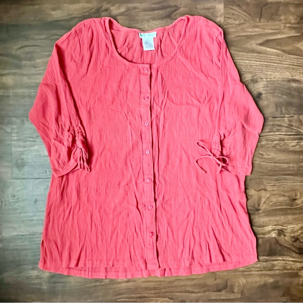 Ulla Popken Top Coral Relax Fit Button Up String Sleeve Women’s 20/22